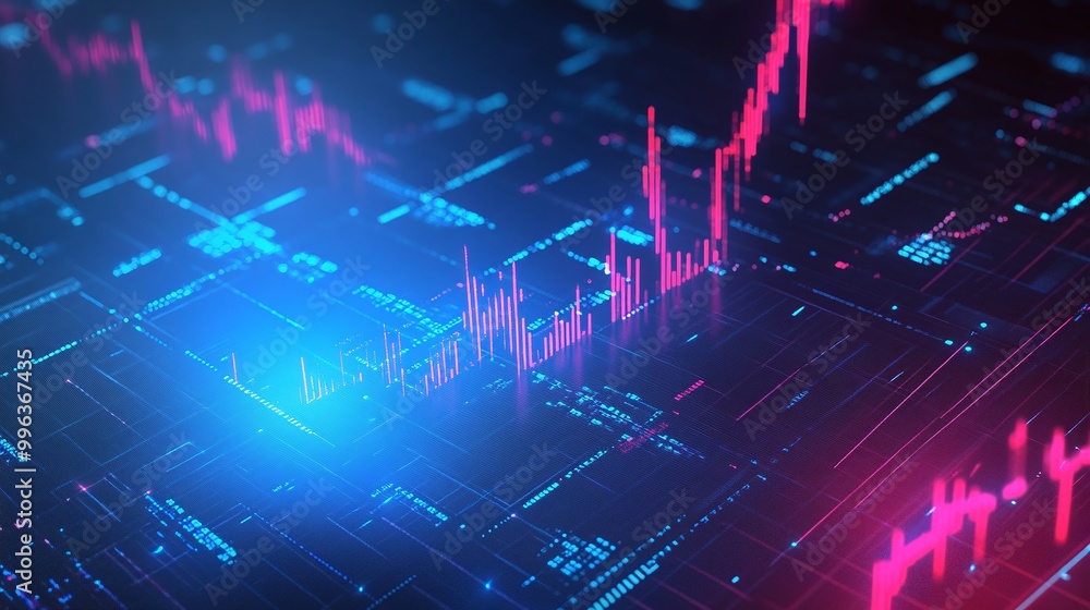 Poster abstract digital technology background with colorful data visualization and glowing lines.
