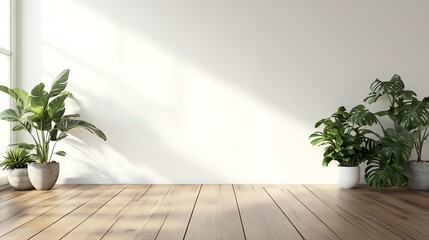 Bright and airy interior featuring a minimalist design with potted plants and sunlight casting shadows on wooden flooring.