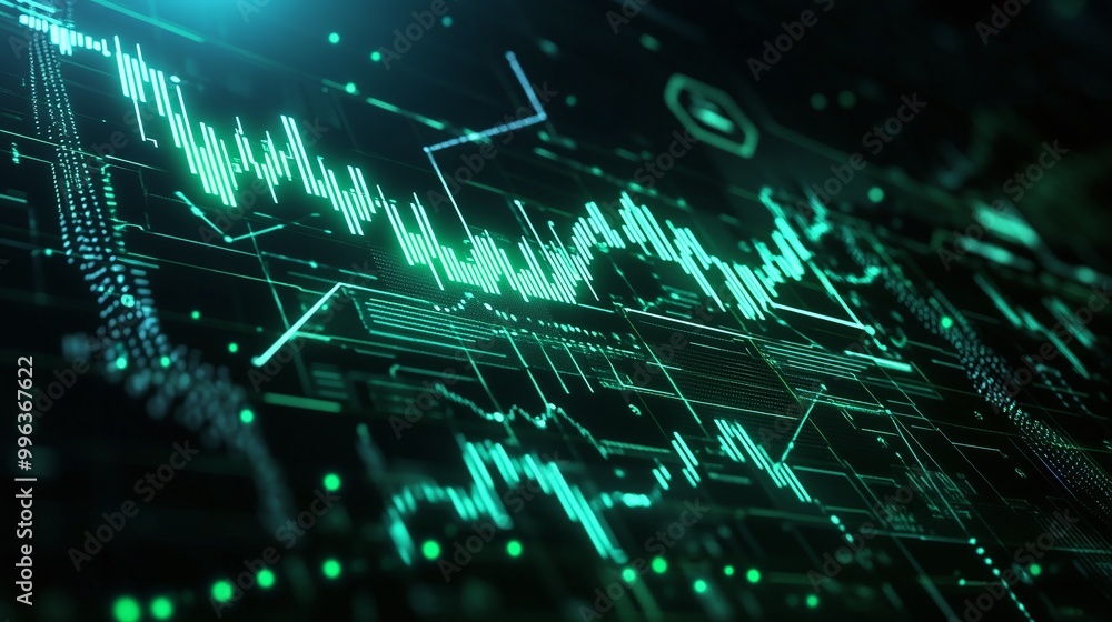 Poster abstract digital technology background with green glowing data visualization components.