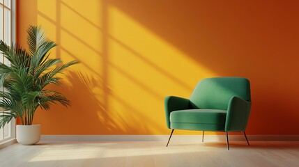 Bright and modern interior featuring a green chair against an orange wall, illuminated by soft sunlight and complemented by a plant.
