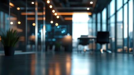 Blurred background of an office interior for presentation purposes featuring a digital AI theme