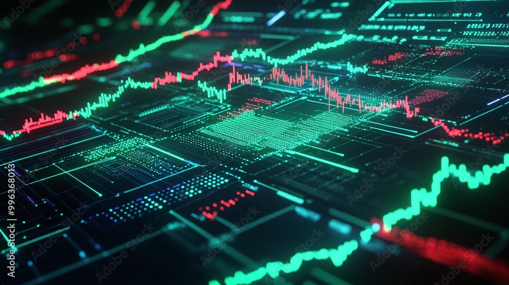Poster abstract digital trading graph with fluctuating green and red lines on a dark background.