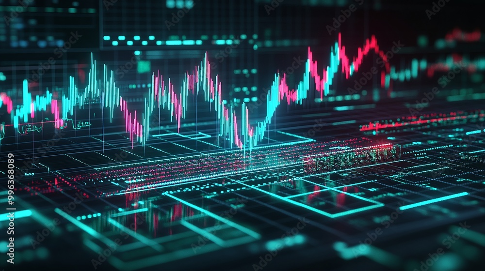 Poster abstract digital trading graph with fluctuating lines and data metrics, emphasizing modern finance a