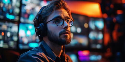 TV producer engaged in live broadcast, focused on monitor, studio control room backdrop, ambient light enhancing dynamic atmosphere