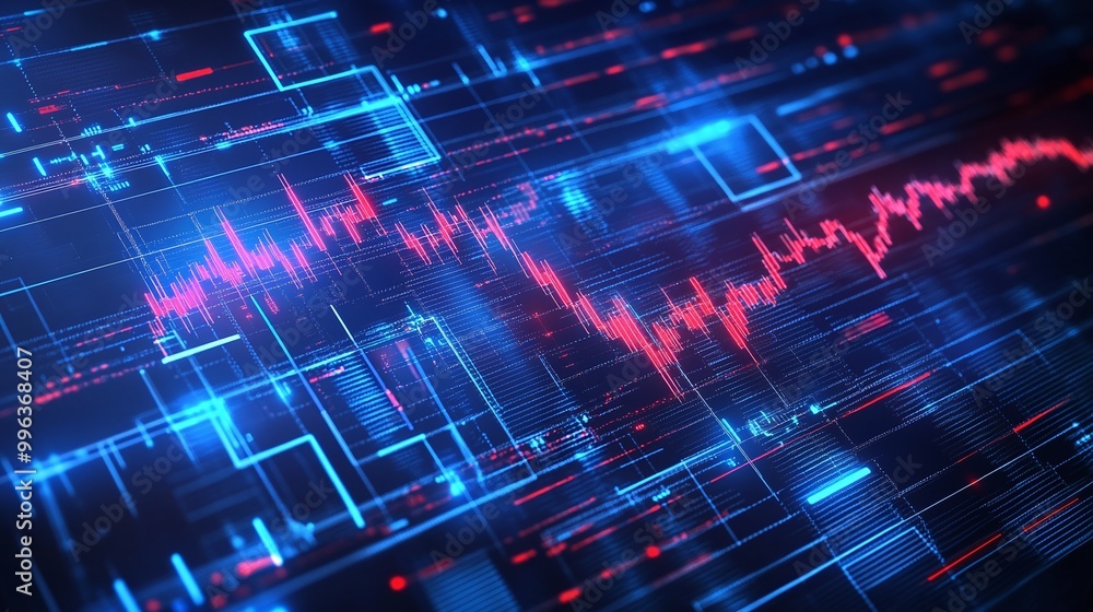 Poster abstract digital visual of data streams and heartbeat signals in blue and red tones, illustrating te