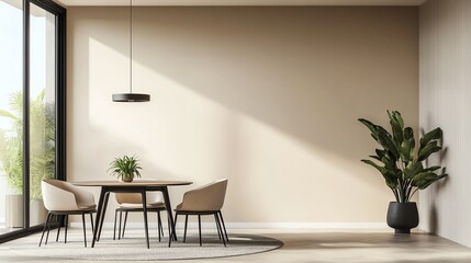 Fototapeta premium Modern dining room with elegant furniture, large window, and a vibrant plant adding a touch of nature to the serene interior.
