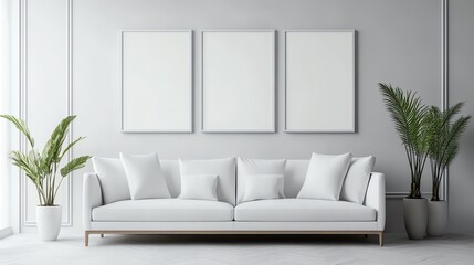 Modern interior with a white sofa, soft pillows, and plants, offering a calm space perfect for relaxation and creativity.