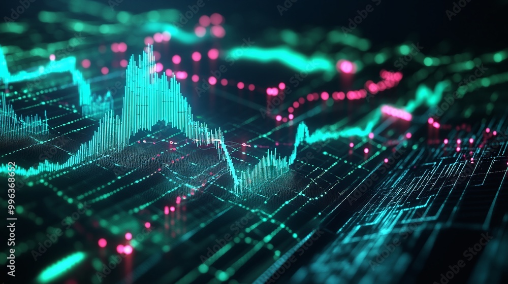 Poster abstract digital visualization of data and analytics with vibrant colors, representing market trends