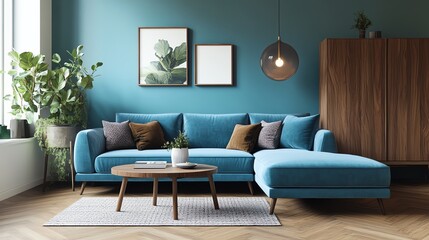 Modern living room featuring a cozy blue sofa, stylish decor, and a warm atmosphere ideal for relaxation or entertaining guests.