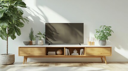 Modern living room setup showcasing a wooden TV stand, plants, and contemporary decor bathed in natural light.