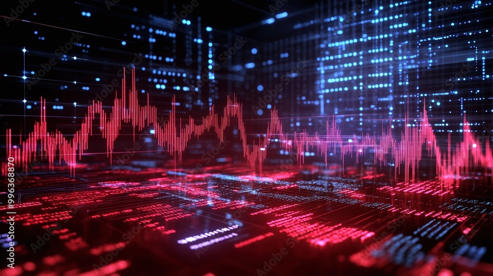 Poster abstract digital visualization of data streams and waveforms in vibrant colors.