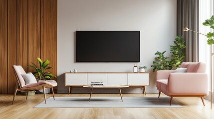 Modern living room with sleek furniture, large TV, and greenery, creating a stylish and inviting atmosphere.
