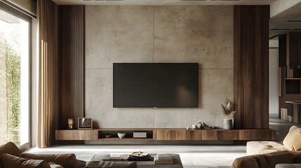 Modern living room interior with a large TV on a concrete wall, wooden shelves and cabinets, and brown leather couches.