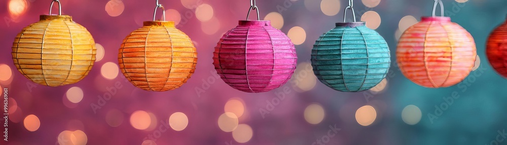Poster colorful lanterns hanging with a festive background and bokeh effect.
