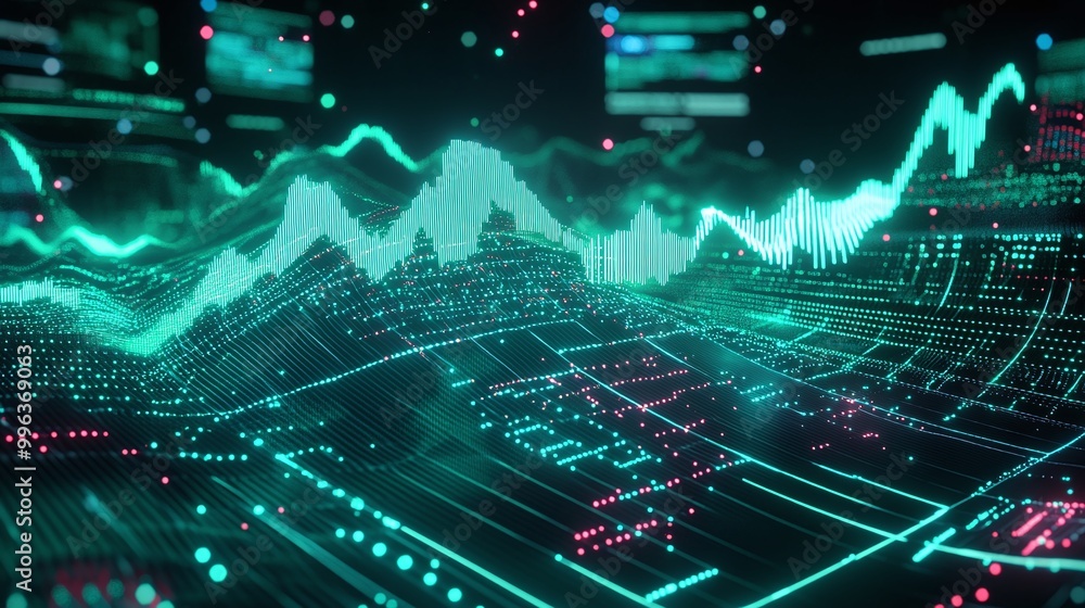 Poster abstract digital visualization of data with glowing waveforms and grid patterns against a dark backg