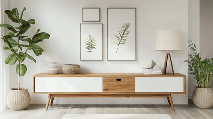 Modern living room with wooden furniture, greenery, and framed art. A stylish, minimalist space perfect for relaxation and inspiration.