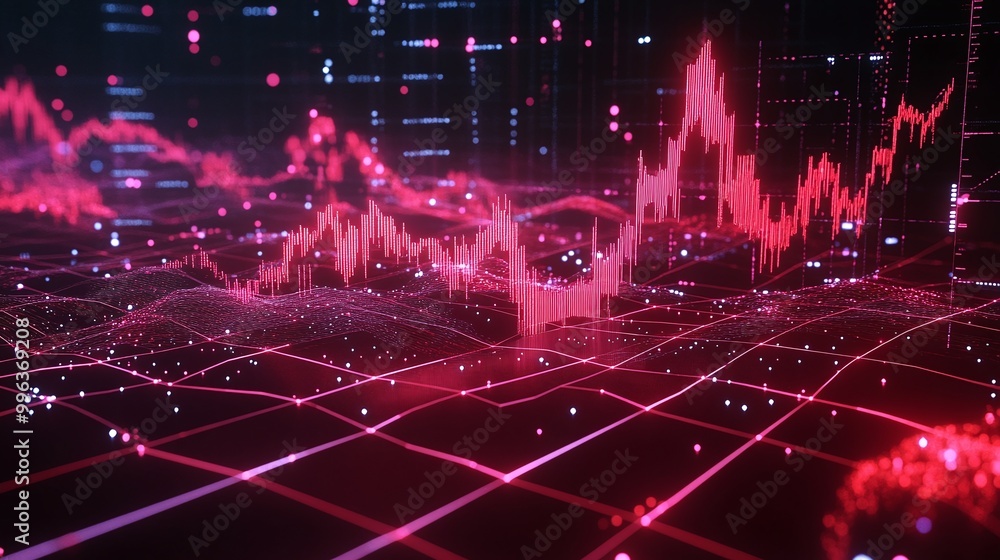 Poster abstract digital visualization of financial data trends with glowing red lines and grid patterns.