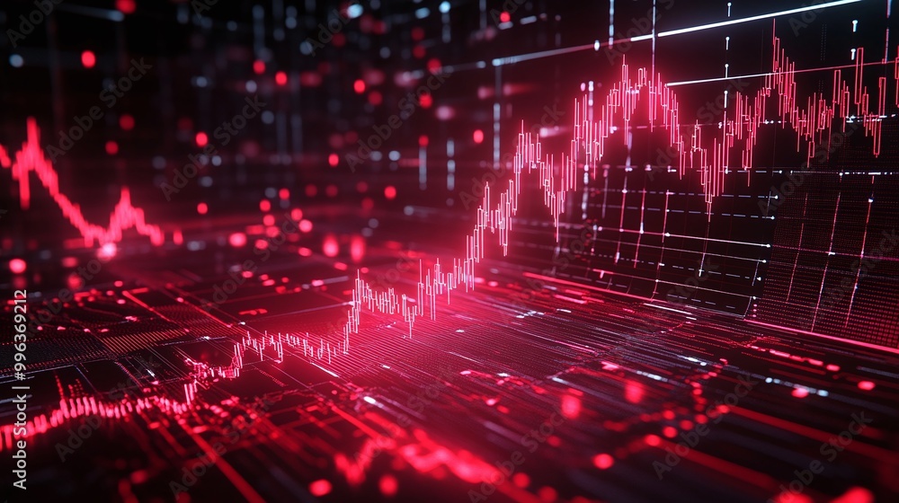 Poster abstract digital visualization of financial data with red graphical lines on a dark background.