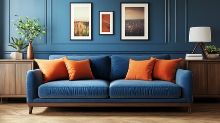 Fototapeta premium Stylish blue sofa with orange cushions in a modern living room setting featuring framed artworks and decorative plants.