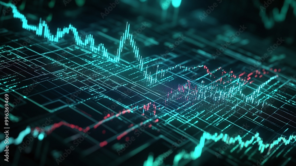 Poster abstract digital visualization of stock market data with glowing graphs and charts.