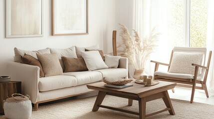 Stylish living room interior featuring a cozy sofa, wooden coffee table, and elegant decor for a modern home atmosphere.