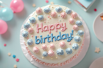 Birthday cake with happy birthday lettering, top view. Celebration party, birthday greeting card. B-day sweet cake