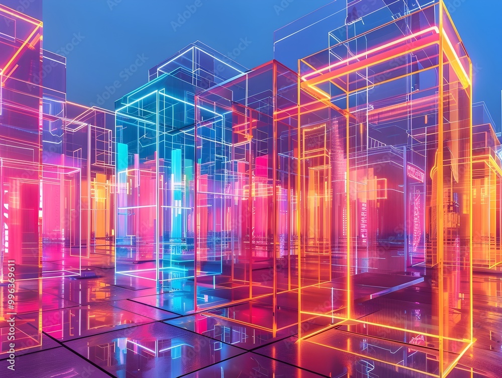 Wall mural transparent neon city showcasing vibrant nightlife in futuristic digital architectural landscape