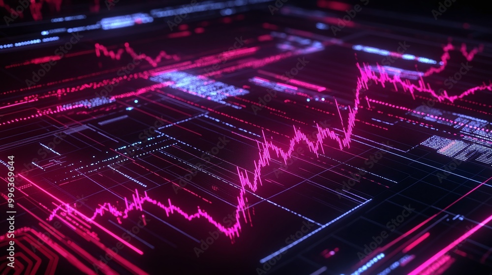Poster abstract digital visualization with glowing pink lines on a dark background, representing data analy