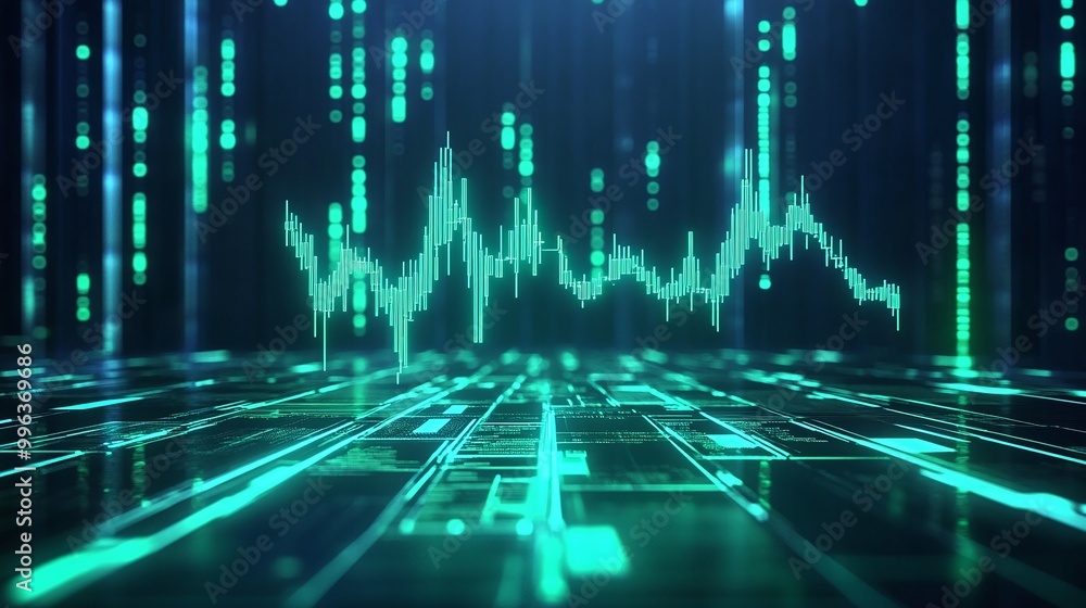Aufkleber abstract digital visualization with green data waves on a blue background, representing technology a
