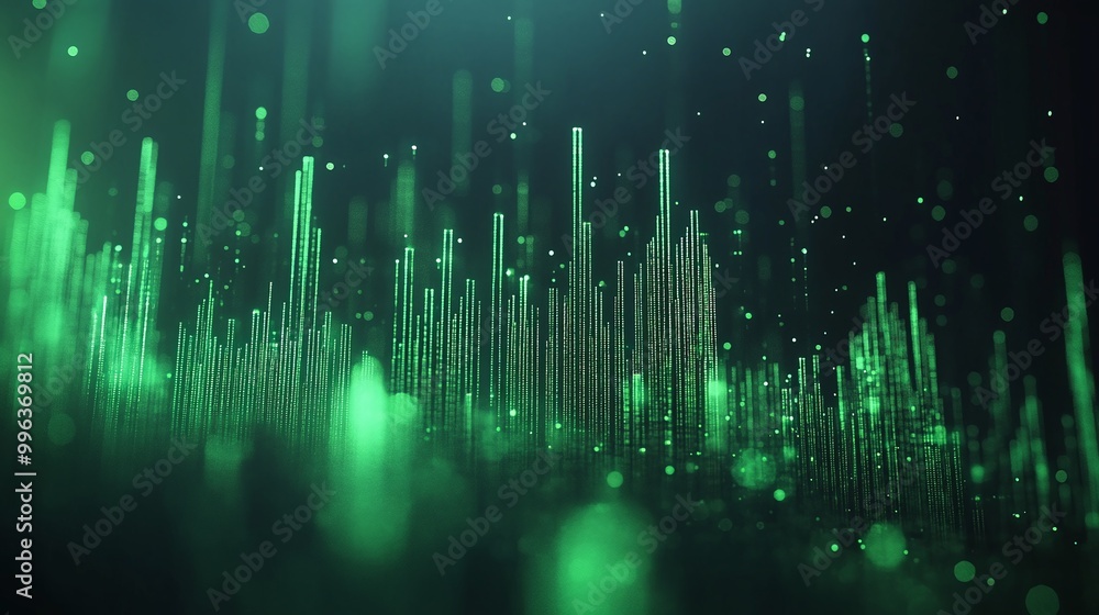 Aufkleber abstract digital visualization with green lines and particles against a dark background.