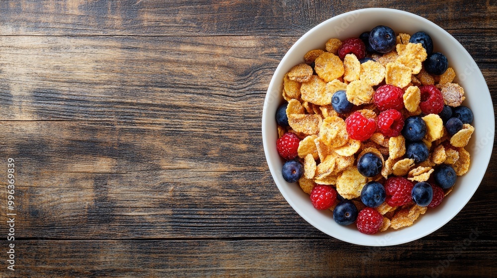 Poster cereal and berry fruit bowl from above with ample empty space for text