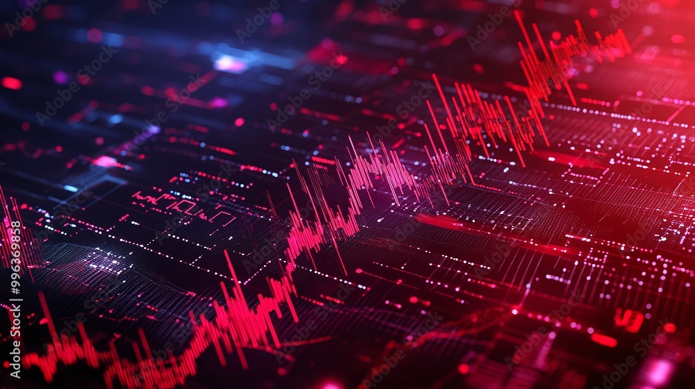 Poster abstract digital visualization with red and blue lines, depicting data flow and statistics on a dark