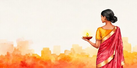 Fototapeta premium Woman in traditional attire holding a diya against a scenic city backdrop.