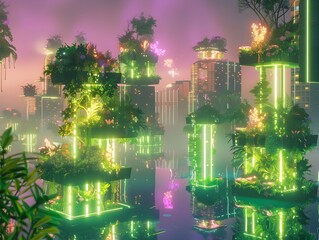 Futuristic Floating Gardens Aglow in Neon Lit Cityscape of Tomorrow s Sustainable Metropolis - Powered by Adobe