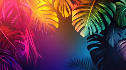 Vibrant abstract tropical background featuring rainbow hues with leaf silhouettes highlighted by neon lighting