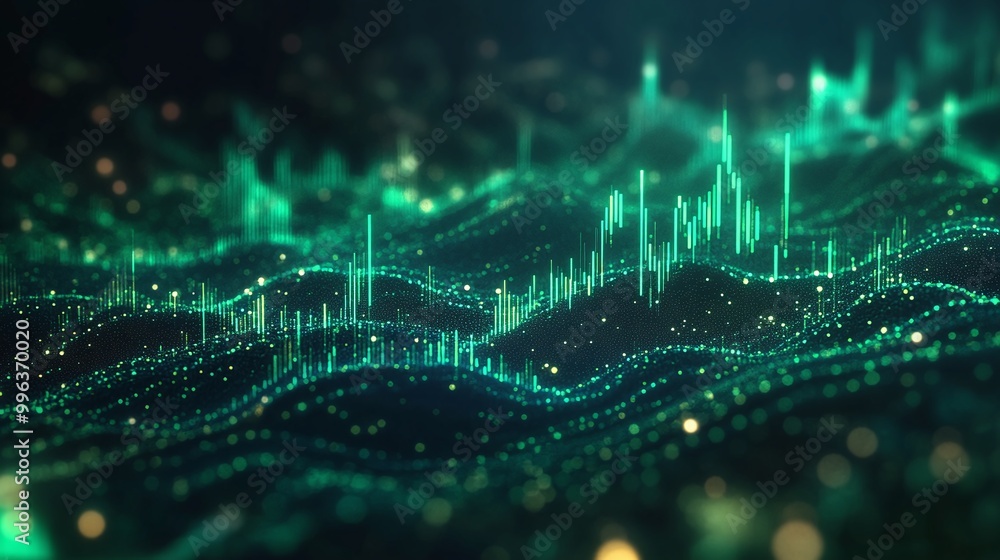 Poster abstract digital wave background with glowing particles and lines, representing data flow and techno