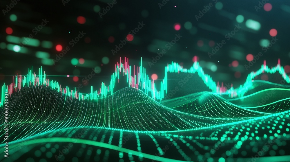 Poster abstract digital wave chart with green and red visualizations representing data analysis.