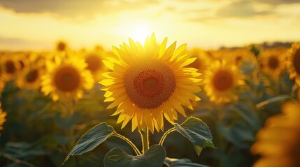 Obraz premium Golden Sunset Drive - Stunning Highway Scene Through Vibrant Sunflower Field at Twilight.