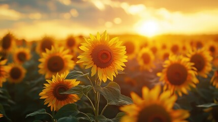 Fototapeta premium Majestic Sunset Drive: Highway Among Glowing Sunflowers.