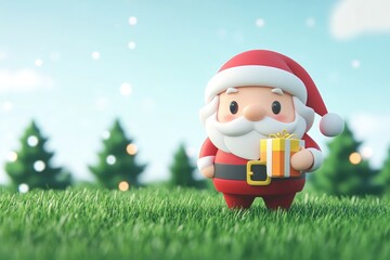 Cute Santa Claus cartoon character holding a gift box standing on green grass with Christmas trees in the background.