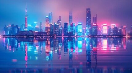Dazzling Neon Skyline Reflected in Glassy Lake Creating Mesmerizing Mirror Image of Vibrant Cityscape