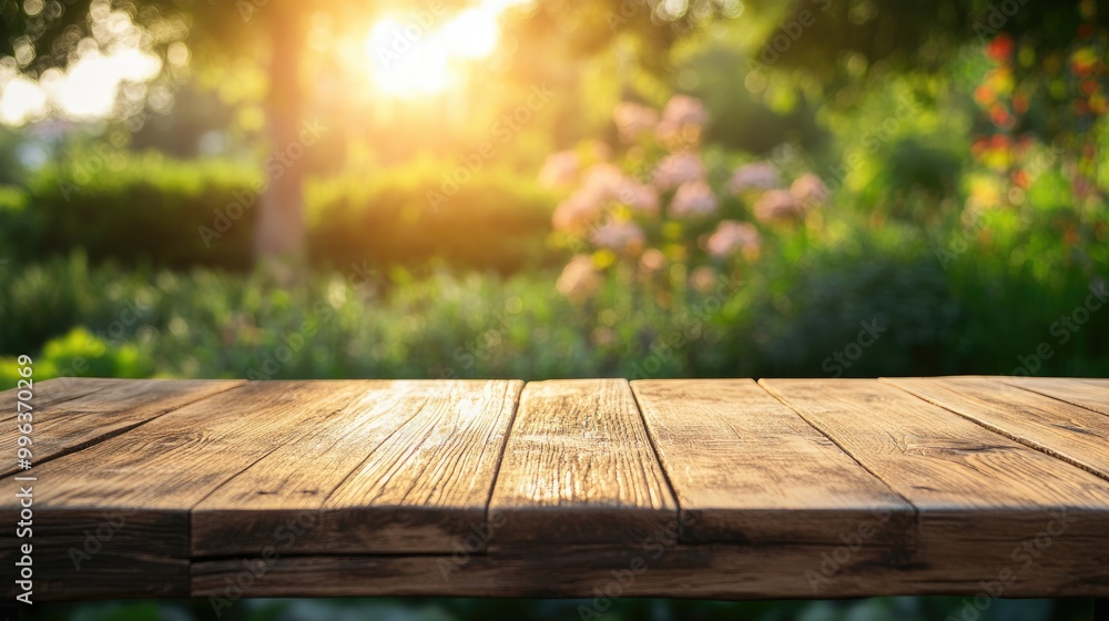 Poster empty wooden table suitable for product display or montage featuring a softly blurred garden backdro