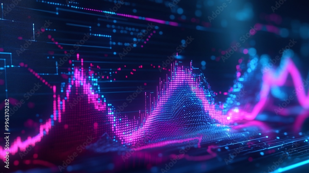 Poster abstract digital wave form with vibrant blue and pink colors representing data visualization and ana