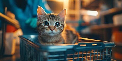 Veterinarian Caring for Small Animal in Carrier, Warm Clinic Atmosphere, Compassionate Examination, Soft Background Focus