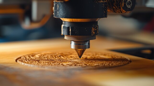Close up of a laser engraving machine in action processing a wooden surface