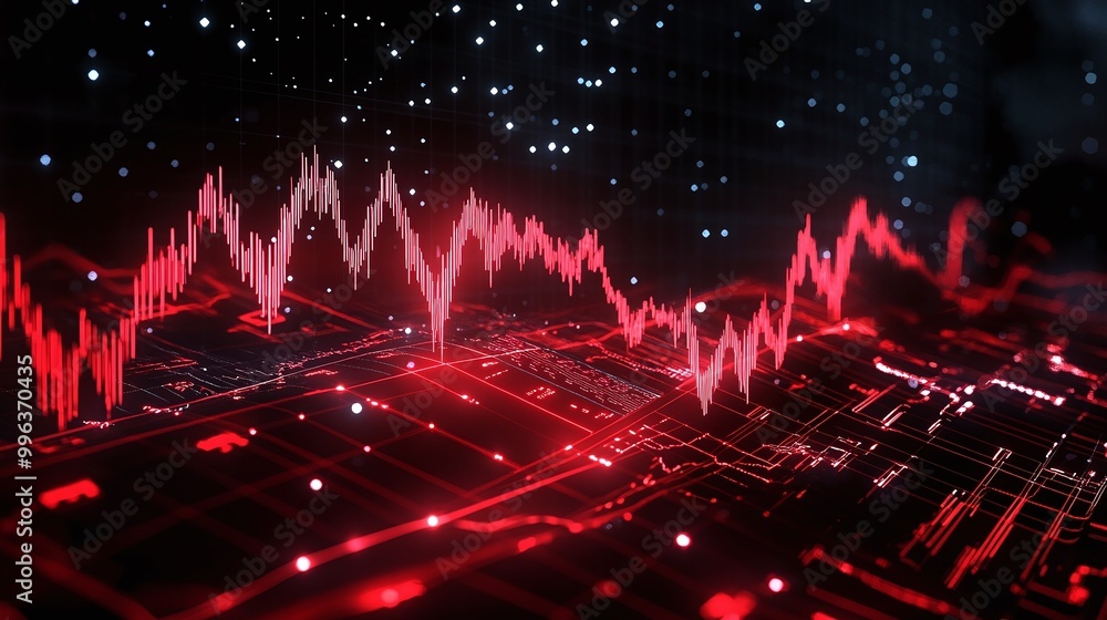 Poster abstract digital wave graph in red tones against a dark background representing data analysis and te