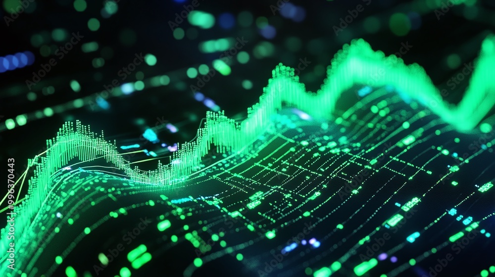 Poster abstract digital wave graph in vibrant green tones, representing data analysis and technology trends