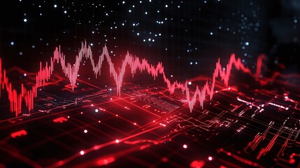 Abstract digital wave graph in red tones against a dark background representing data analysis and technology advancements.