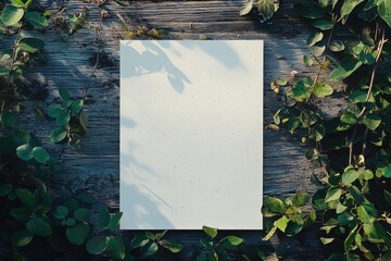 Blank paper on wooden background with leaves. Perfect for adding text, quotes, or design elements for a natural aesthetic.