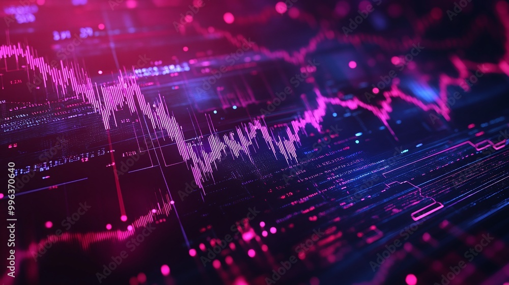 Poster abstract digital wave graph representation, vibrant color scheme, futuristic technology background